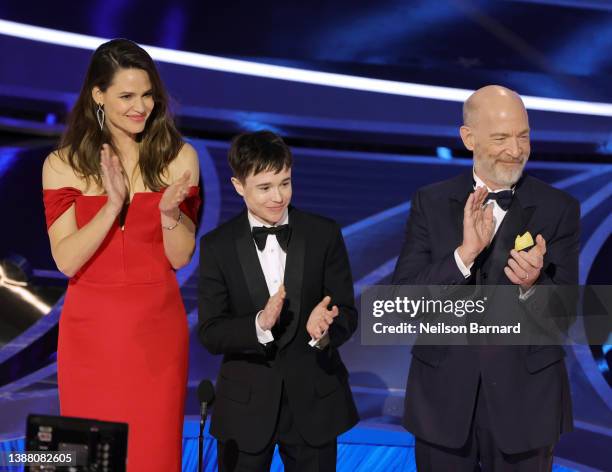Jennifer Garner, Elliot Page, and J.K. Simmons speak onstage during the 94th Annual Academy Awards at Dolby Theatre on March 27, 2022 in Hollywood,...