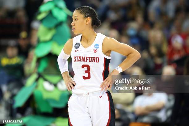 Anna Wilson of the Stanford Cardinal reacts after a play during the second quarter against the Texas Longhorns in the NCAA Women's Basketball...