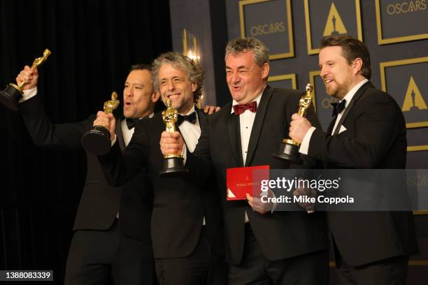 Tristan Myles, Brian Connor, Paul Lambert, Gerd Nefzer, winners of the Visual Effects award for ‘Dune’ pose in the press room during the 94th Annual...