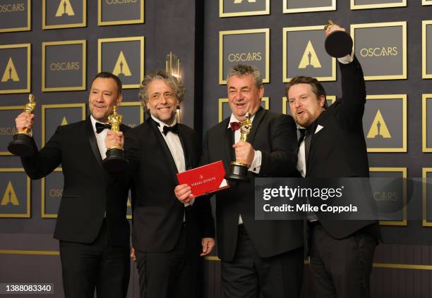 Tristan Myles, Brian Connor, Paul Lambert, Gerd Nefzer, winners of the Visual Effects award for ‘Dune’ pose in the press room during the 94th Annual...