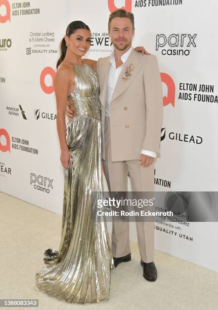 Hayley Erbert and Derek Hough attend Elton John AIDS Foundation's 30th Annual Academy Awards Viewing Party on March 27, 2022 in West Hollywood,...
