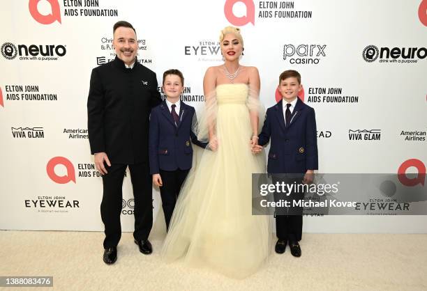 David Furnish, Chairman of EJAF, Elijah Joseph Daniel Furnish-John, Lady Gaga and Zachary Jackson Levon Furnish-John attend Elton John AIDS...