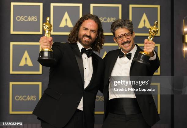 Leo Sanchez Barbosa and Alberto Mielgo, winners of Best Animated Short Film pose in the press room during the 94th Annual Academy Awards at Hollywood...