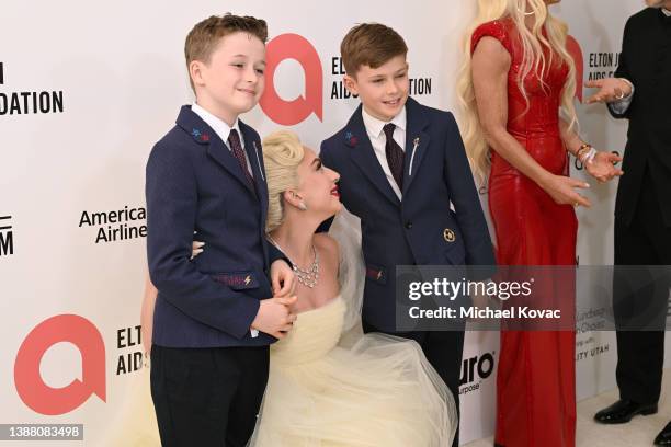 Elijah Joseph Daniel Furnish-John, Lady Gaga and Zachary Jackson Levon Furnish-John attend Elton John AIDS Foundation's 30th Annual Academy Awards...