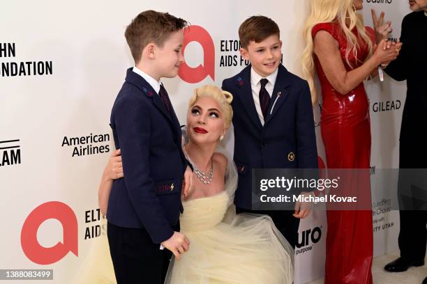 Elijah Joseph Daniel Furnish-John, Lady Gaga and Zachary Jackson Levon Furnish-John attend Elton John AIDS Foundation's 30th Annual Academy Awards...