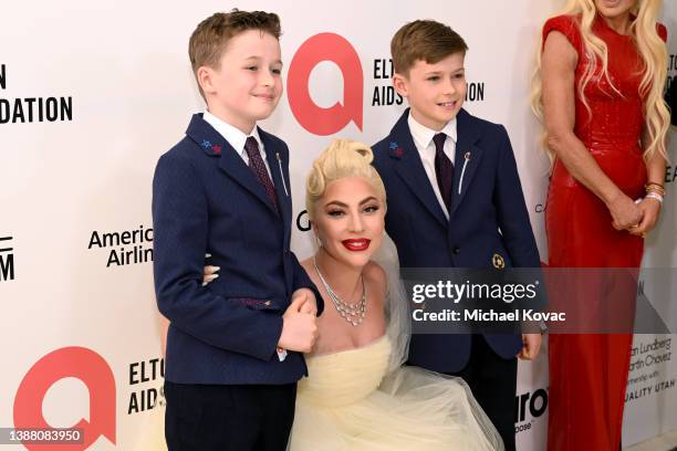 Elijah Joseph Daniel Furnish-John, Lady Gaga and Zachary Jackson Levon Furnish-John attend Elton John AIDS Foundation's 30th Annual Academy Awards...