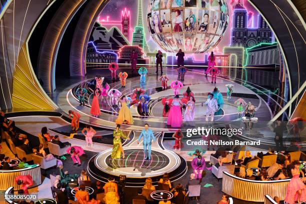 Megan Thee Stallion, Becky G, Luis Fonsi, and Sheila E. Perform onstage during the 94th Annual Academy Awards at Dolby Theatre on March 27, 2022 in...