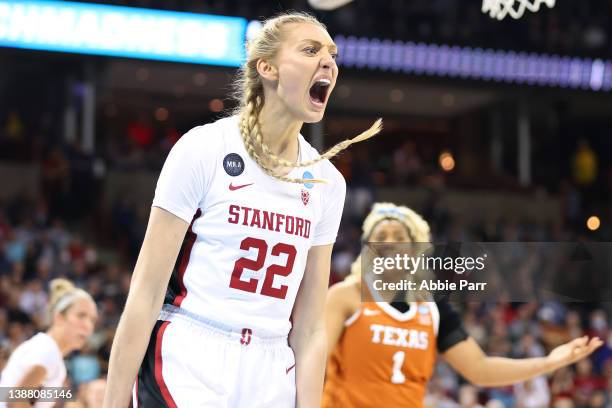 Cameron Brink of the Stanford Cardinal celebrates during the third quarter against the Texas Longhorns in the NCAA Women's Basketball Tournament...
