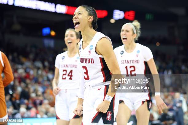 Anna Wilson of the Stanford Cardinal celebrates after a play during the third quarter against the Texas Longhorns in the NCAA Women's Basketball...