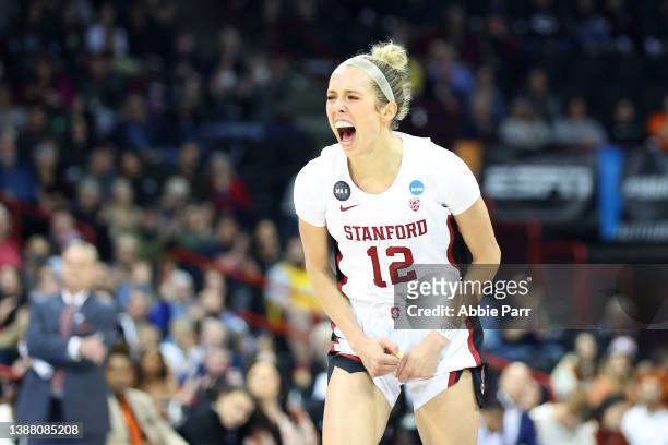 Lexie Hull of the Stanford Cardinal celebrates after a play during the third quarter against the Texas Longhorns in the NCAA Women's Basketball...