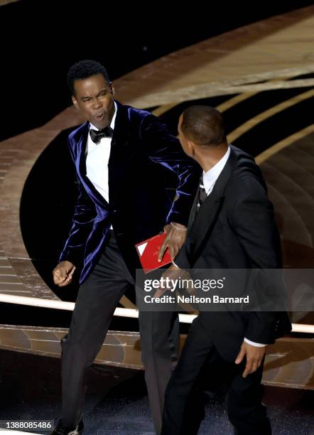 Will Smith appears to slap Chris Rock onstage during the 94th Annual Academy Awards at Dolby Theatre on March 27, 2022 in Hollywood, California.