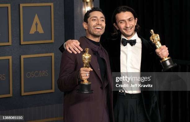 Riz Ahmed and Aneil Karia, winners of Best Live Action Short Film "The Long Goodbye," pose in the press room during the 94th Annual Academy Awards at...