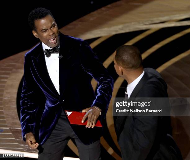 Will Smith appears to slap Chris Rock onstage during the 94th Annual Academy Awards at Dolby Theatre on March 27, 2022 in Hollywood, California.