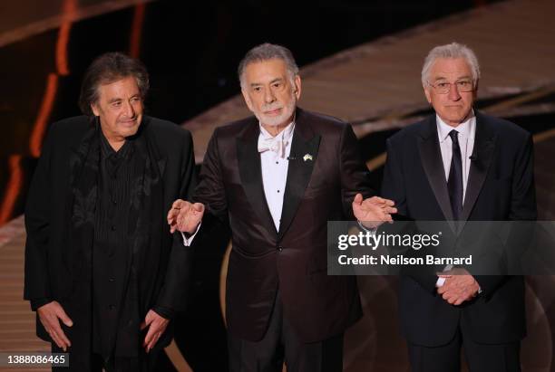 Al Pacino, Francis Ford Coppola, and Robert De Niro speak onstage during the 94th Annual Academy Awards at Dolby Theatre on March 27, 2022 in...