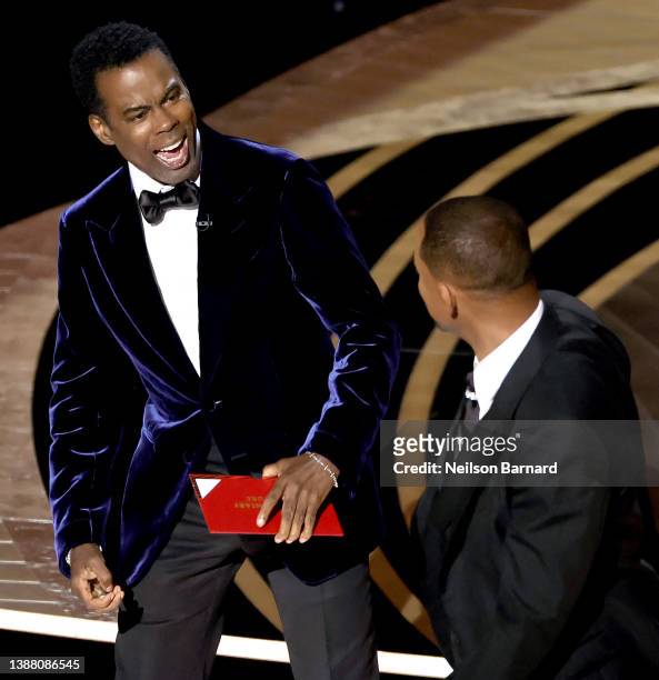 Will Smith appears to slap Chris Rock onstage during the 94th Annual Academy Awards at Dolby Theatre on March 27, 2022 in Hollywood, California.