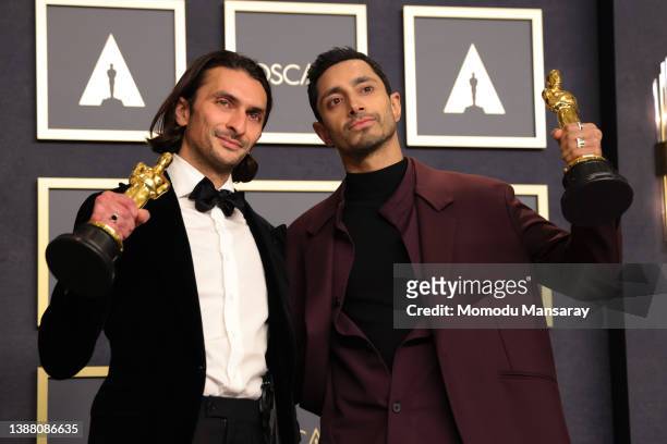 Writer and Director Aneil Karia and Writer and Actor Riz Ahmed, winners of Best Live Action Short Film for "The Long Goodbye," pose in the press room...
