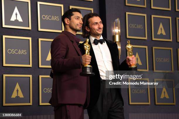 Writer and Actor Riz Ahmed and Writer and Director Aneil Karia, winners of Best Live Action Short Film for "The Long Goodbye," pose in the press room...