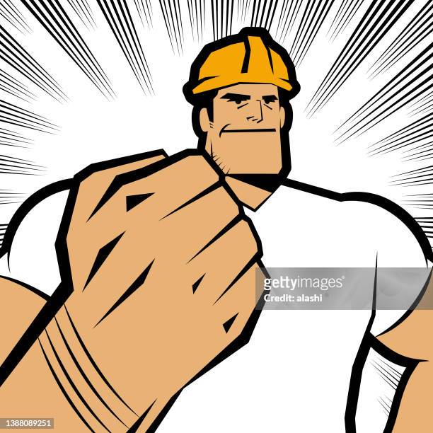 ilustraciones, imágenes clip art, dibujos animados e iconos de stock de un obrero lleva un casco de trabajo y levanta un puño, los efectos de los cómics tienen un fondo - puño manga