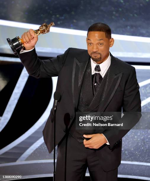 Will Smith accepts the Actor in a Leading Role award for ‘King Richard’ onstage during the 94th Annual Academy Awards at Dolby Theatre on March 27,...