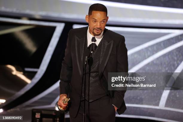 Will Smith accepts the Actor in a Leading Role award for ‘King Richard’ onstage during the 94th Annual Academy Awards at Dolby Theatre on March 27,...