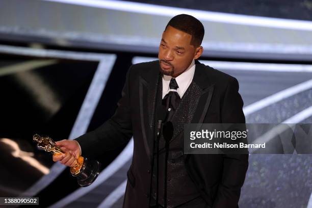 Will Smith accepts the Actor in a Leading Role award for ‘King Richard’ onstage during the 94th Annual Academy Awards at Dolby Theatre on March 27,...