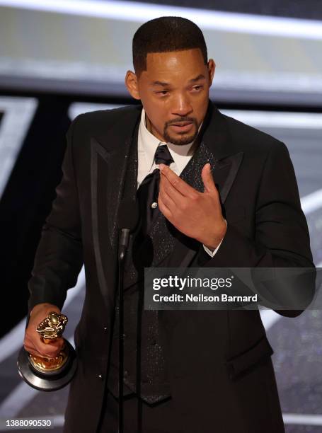 Will Smith accepts the Actor in a Leading Role award for ‘King Richard’ onstage during the 94th Annual Academy Awards at Dolby Theatre on March 27,...