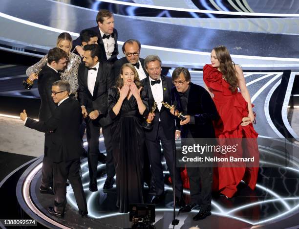 Philippe Rousselet , and cast and crew members accept the Best Picture award for ‘CODA’ onstage during the 94th Annual Academy Awards at Dolby...