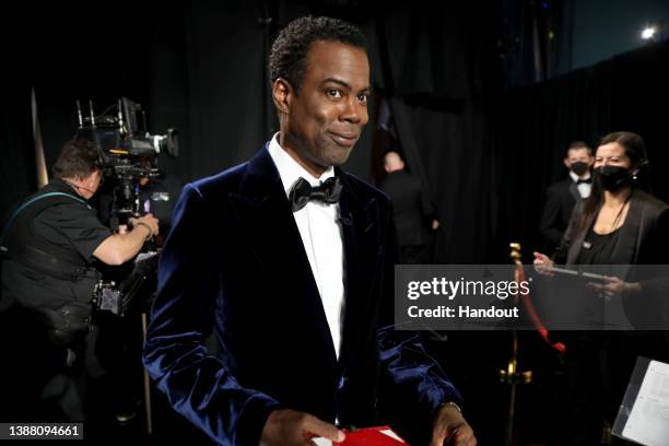 In this handout photo provided by A.M.P.A.S., Chris Rock is seen backstage during the 94th Annual Academy Awards at Dolby Theatre on March 27, 2022...