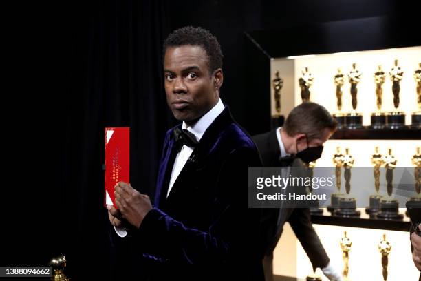 In this handout photo provided by A.M.P.A.S., Chris Rock is seen backstage during the 94th Annual Academy Awards at Dolby Theatre on March 27, 2022...