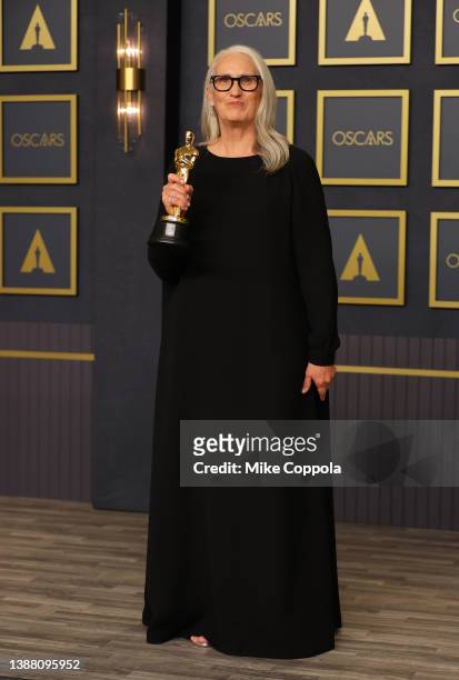 Jane Campion, winner of the Directing award for ‘The Power of the Dog’ poses in the press room during the 94th Annual Academy Awards at Dolby Theatre...