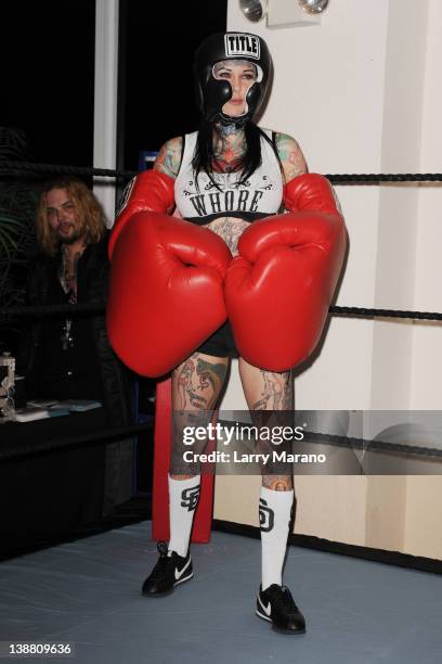 Michelle Bombshell McGee poses prior too a celebrity boxing match on February 11, 2012 in Fort Lauderdale, Florida.
