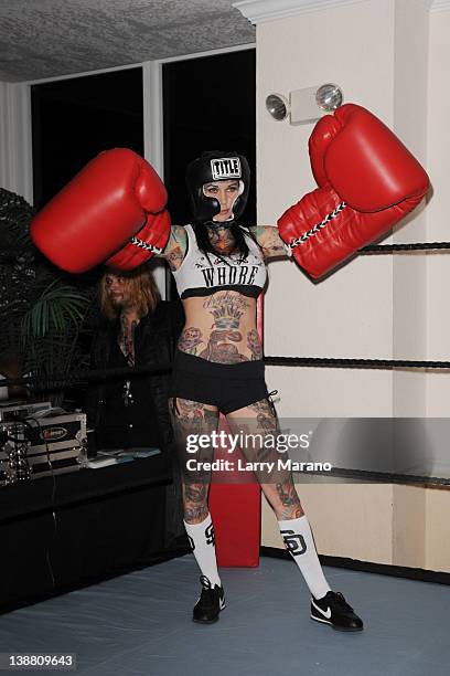 Michelle Bombshell McGee poses prior too a celebrity boxing match on February 11, 2012 in Fort Lauderdale, Florida.