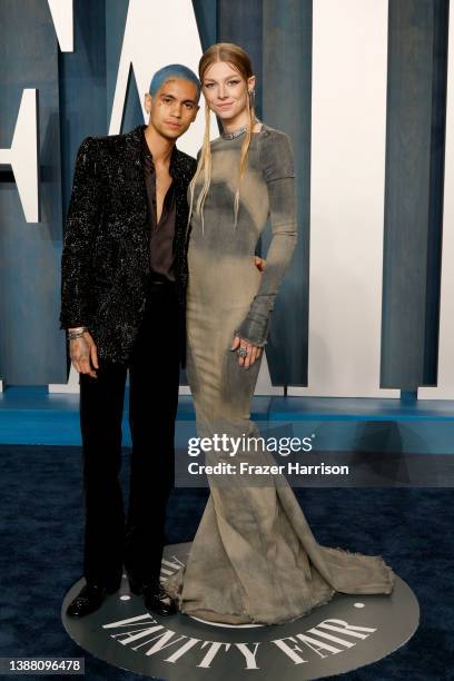 Dominic Fike and Hunter Schafer attend the 2022 Vanity Fair Oscar Party hosted by Radhika Jones at Wallis Annenberg Center for the Performing Arts on...