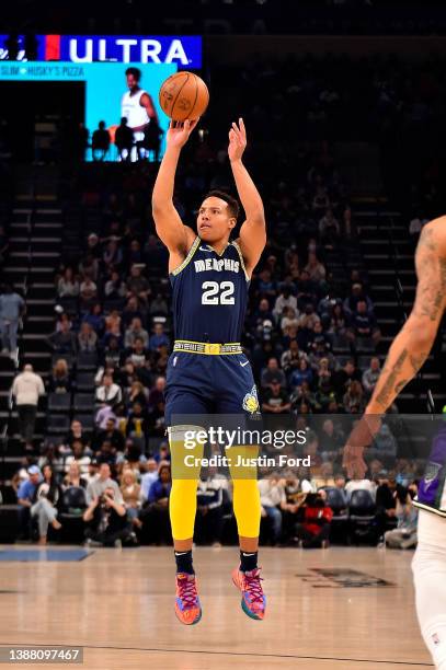 Desmond Bane of the Memphis Grizzlies takes a shot during the game against the Milwaukee Bucks at FedExForum on March 26, 2022 in Memphis, Tennessee....