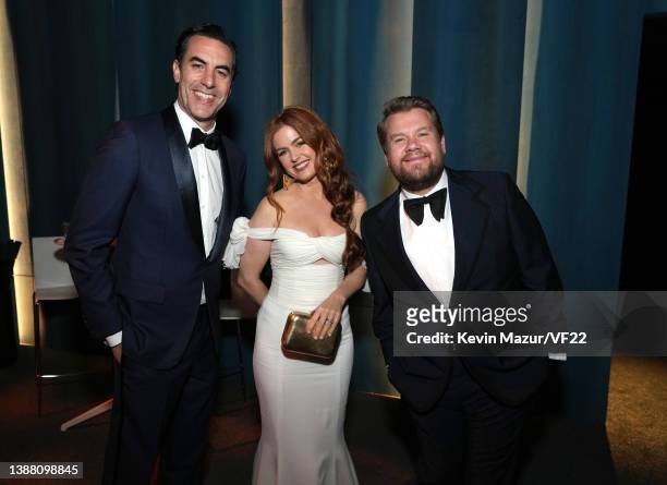 Sacha Baron Cohen, Isla Fisher and James Corden attend the 2022 Vanity Fair Oscar Party hosted by Radhika Jones at Wallis Annenberg Center for the...