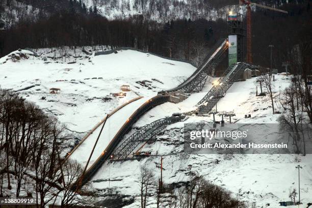 Skijump hill at Russian National Skijumping Center at Rosa Khutor Alpine Resort in the western Caucasian mountains near Krasnaya Polyana some 50 km...