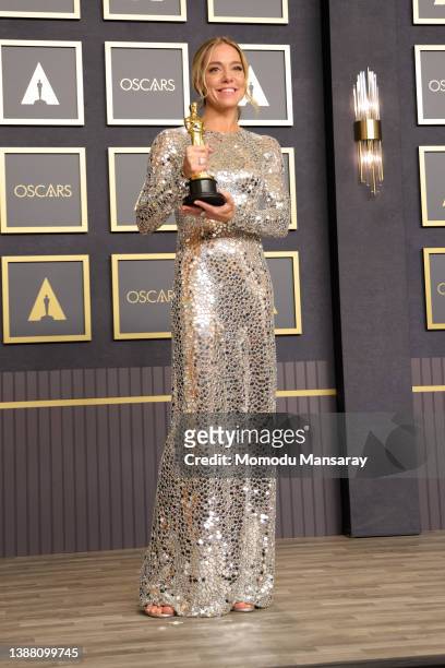American writer and filmmaker Sian Heder, winner of the Oscar for Adapted Screenplay for "CODA", poses in the press room during the 94th Annual...