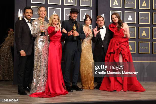 Eugenio Derbez, Sian Heder, Marlee Matlin, Troy Kotsur, Emilia Jones, Daniel Durant and Amy Forsyth, winner of the Oscar for Best Picture for "CODA,"...