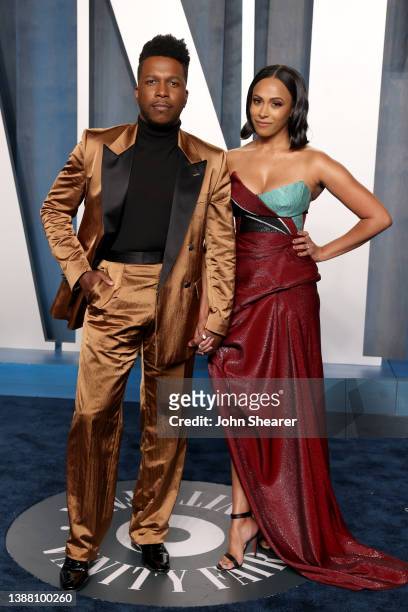 Leslie Odom Jr. And Nicolette Robinson attends the 2022 Vanity Fair Oscar Party Hosted By Radhika Jones at Wallis Annenberg Center for the Performing...