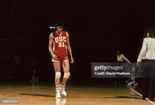 Cheryl Miller of the USC Trojans plays in an NCAA women's basketball game against Stanford University on February 4, 1983 in Maples Pavilion at...