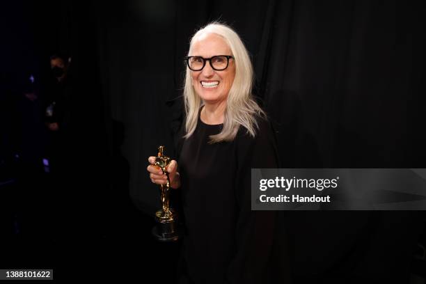 In this handout photo provided by A.M.P.A.S., Director Jane Campion with the award for Best Director for "The Power of the Dog" is seen backstage...