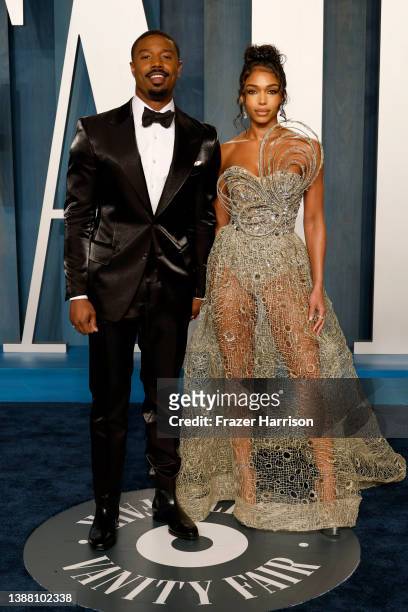 Michael B. Jordan and Lori Harvey attend the 2022 Vanity Fair Oscar Party hosted by Radhika Jones at Wallis Annenberg Center for the Performing Arts...