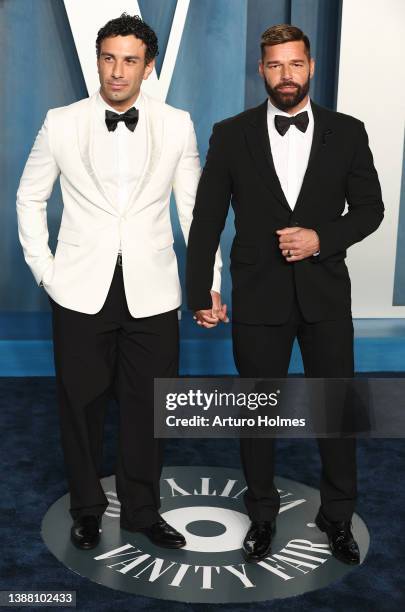 Jwan Yosef and Ricky Martin attend the 2022 Vanity Fair Oscar Party hosted by Radhika Jones at Wallis Annenberg Center for the Performing Arts on...