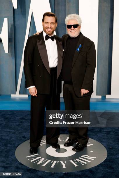 Edgar Ramírez and Pedro Almodóvar attend the 2022 Vanity Fair Oscar Party hosted by Radhika Jones at Wallis Annenberg Center for the Performing Arts...