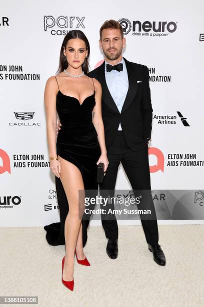 Natalie Joy and Nick Viall attend the Elton John AIDS Foundation's 30th Annual Academy Awards Viewing Party on March 27, 2022 in West Hollywood,...