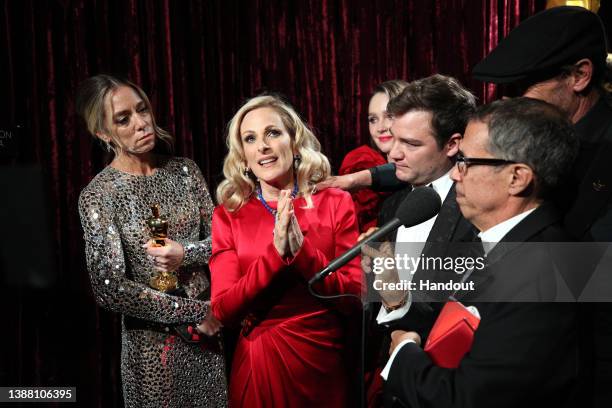 In this handout photo provided by A.M.P.A.S., Sian Heder, Marlee Matlin, Amy Forsyth, Daniel Durant are seen backstage during the 94th Annual Academy...