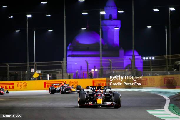 Max Verstappen of Red Bull Racing and The Netherlands during the F1 Grand Prix of Saudi Arabia at the Jeddah Corniche Circuit on March 27, 2022 in...