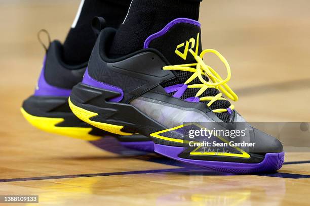 Russell Westbrook of the Los Angeles Lakers wears a pair of Nike shoes prior to the start of an NBA game against the New Orleans Pelicans at Smoothie...