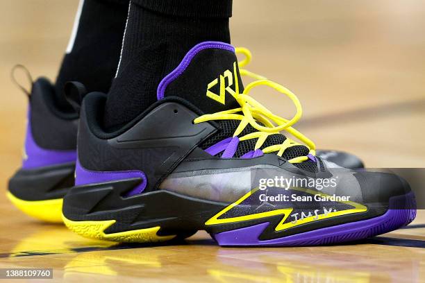 Russell Westbrook of the Los Angeles Lakers wears a pair of Nike shoes prior to the start of an NBA game against the New Orleans Pelicans at Smoothie...