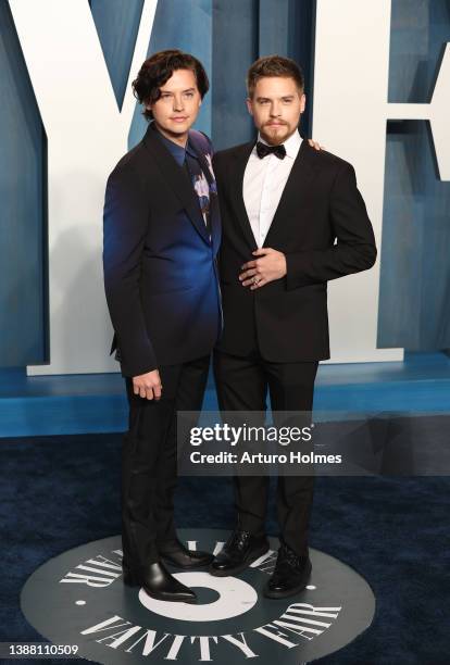 Cole Sprouse and Dylan Sprouse attend the 2022 Vanity Fair Oscar Party hosted by Radhika Jones at Wallis Annenberg Center for the Performing Arts on...